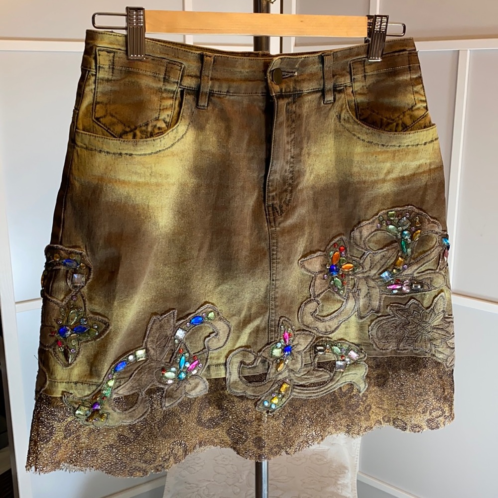 YY Jean Skirt khaki acid wash w/ lace &embellishments